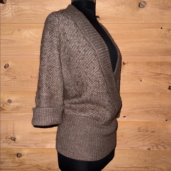 LOFT Brown V-Neck cross over front Sweater Ribbed Knit alpaca / wool blend Med - Picture 2 of 14